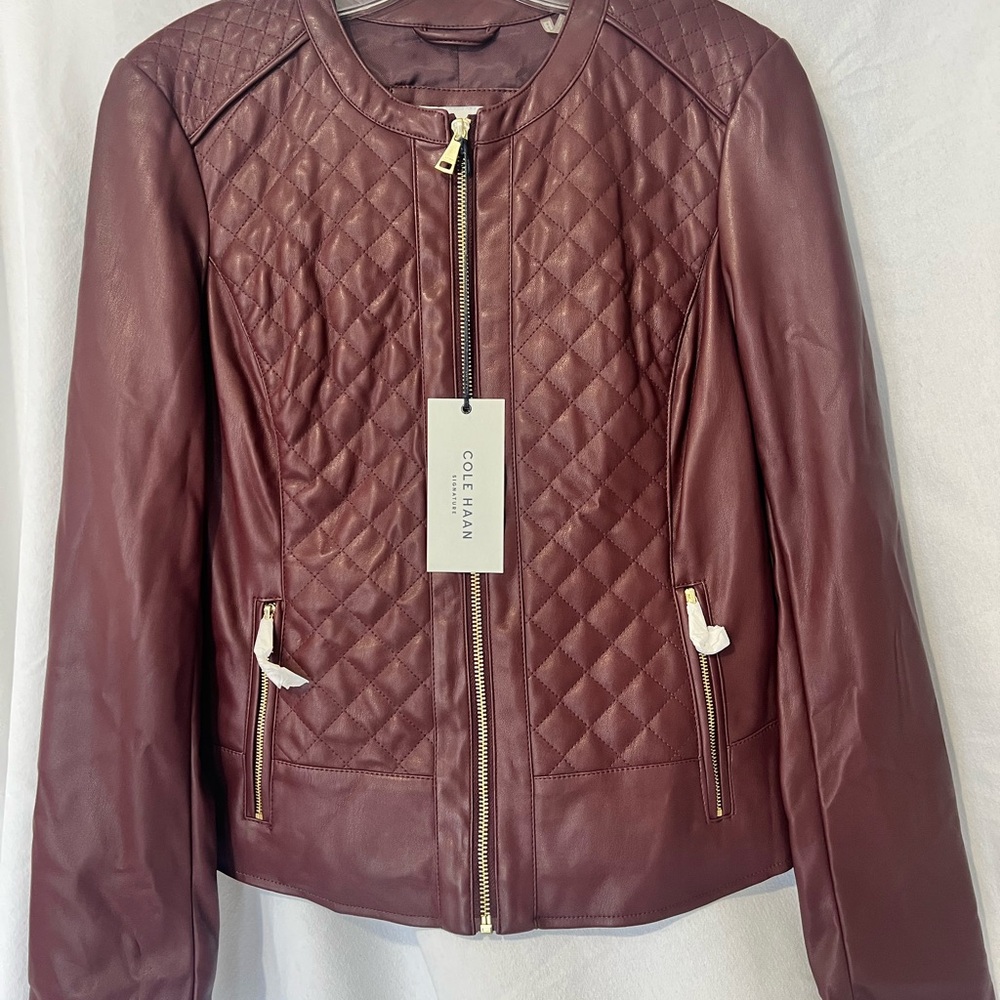 NWT! Cole Haan Signature Women's Vegan Leather Jacket - Burgandy, Size Small
